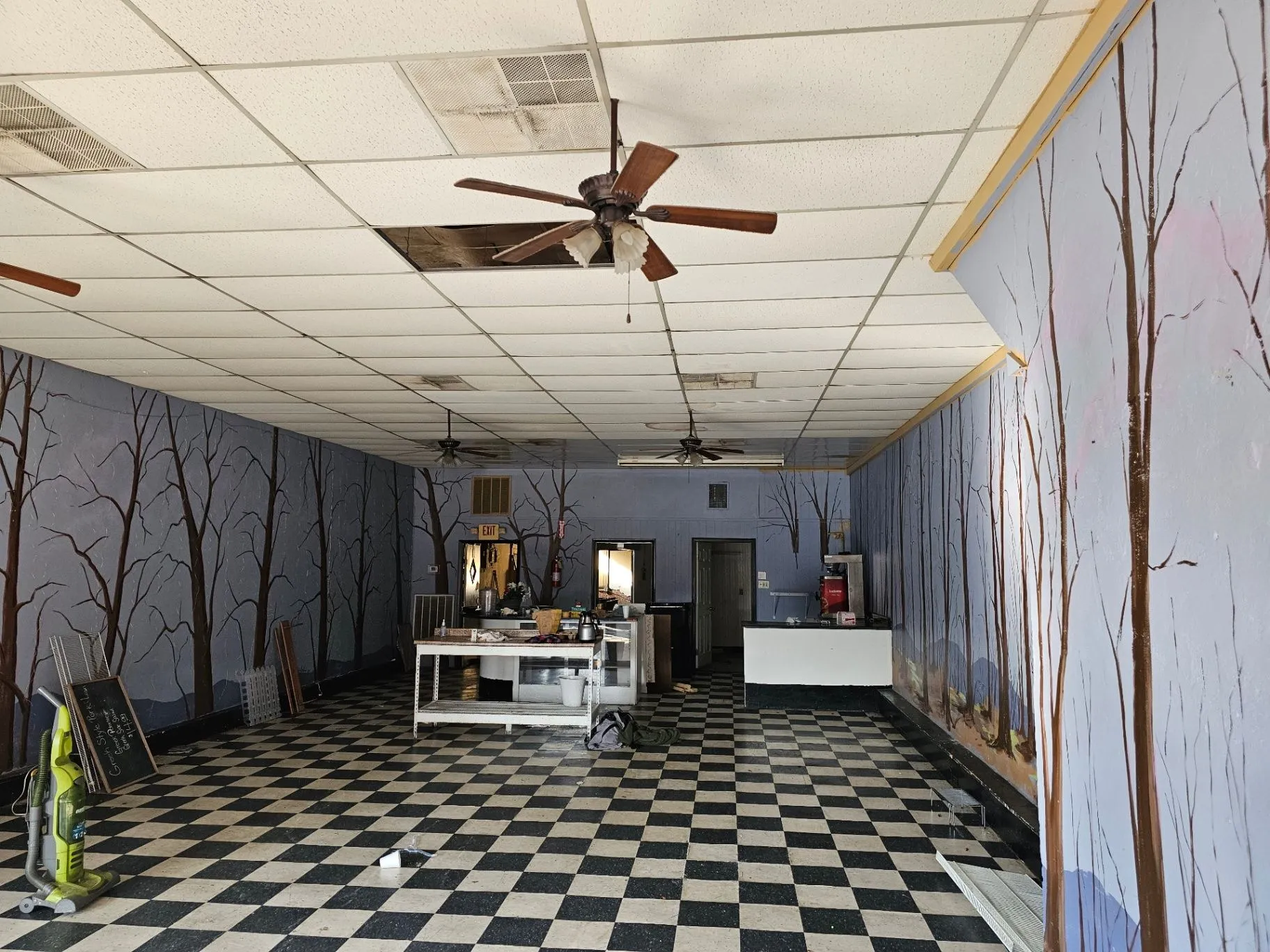 Wide view of the Wine Bar interior during construction